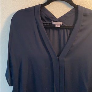 Vince Navy Silk Shirred V Neck Top